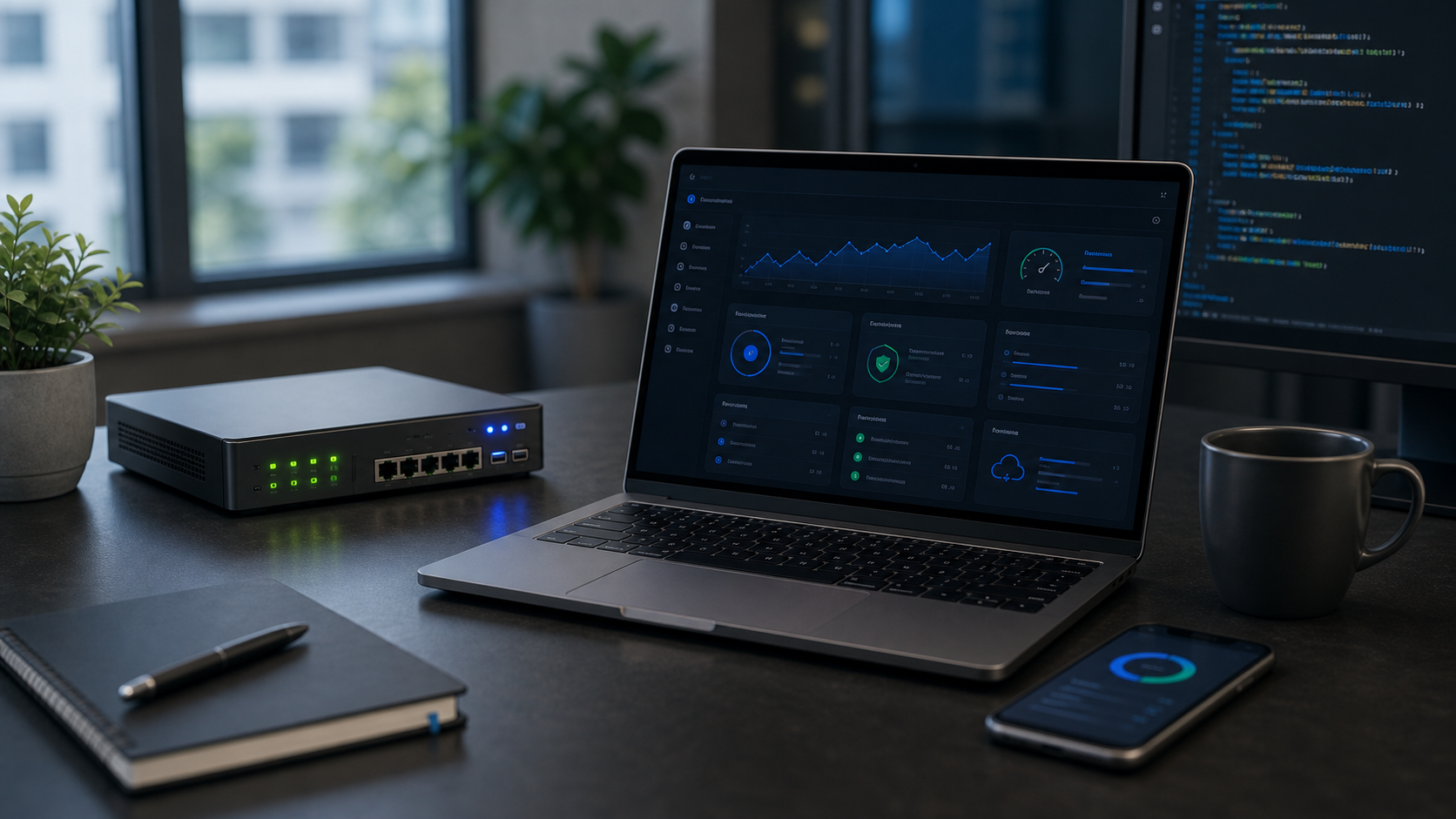 Laptop mit Backup-Status neben einem Netzwerkgerät während einer Wiederherstellungsprüfung