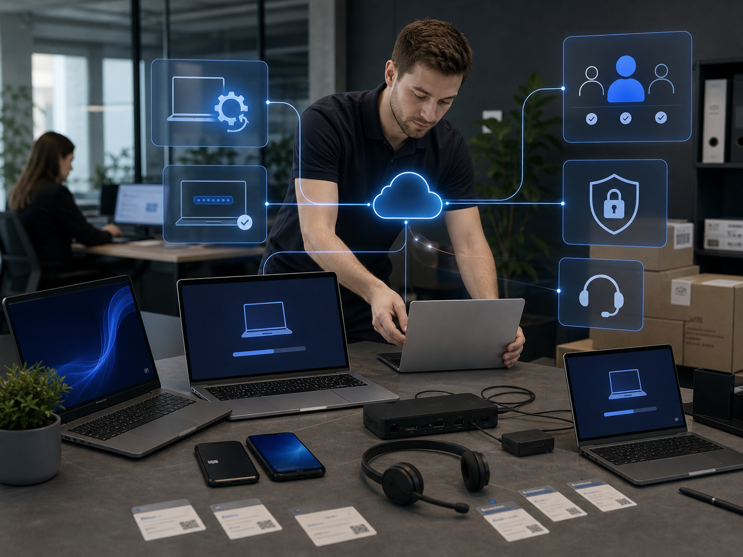 IT-Techniker bereitet mehrere Laptops und Zugänge für eine geordnete Anbieterübergabe vor