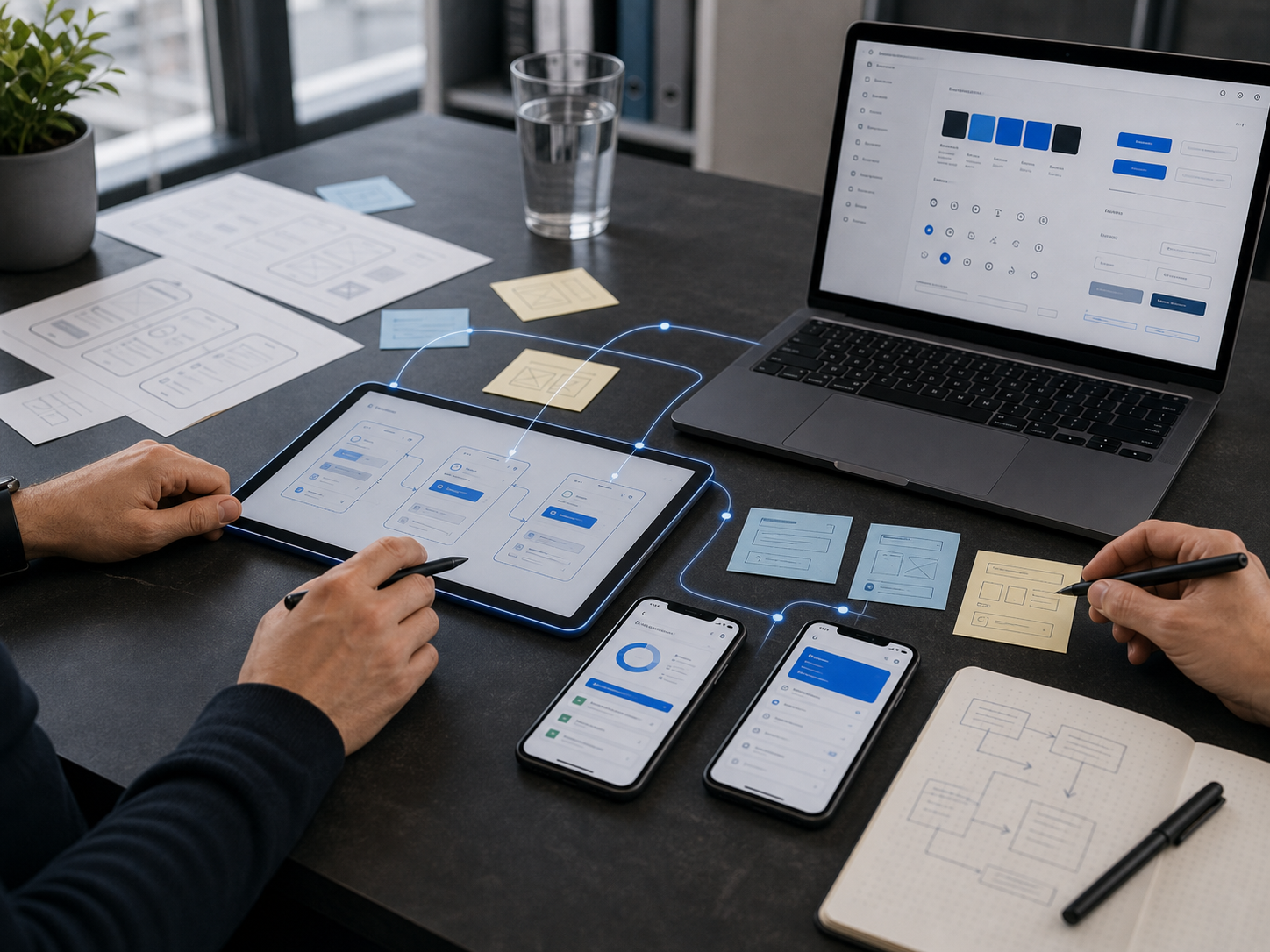 Team vergleicht Cloud-Arbeitsabläufe auf Laptop, Tablet und Smartphones in einem KMU-Büro