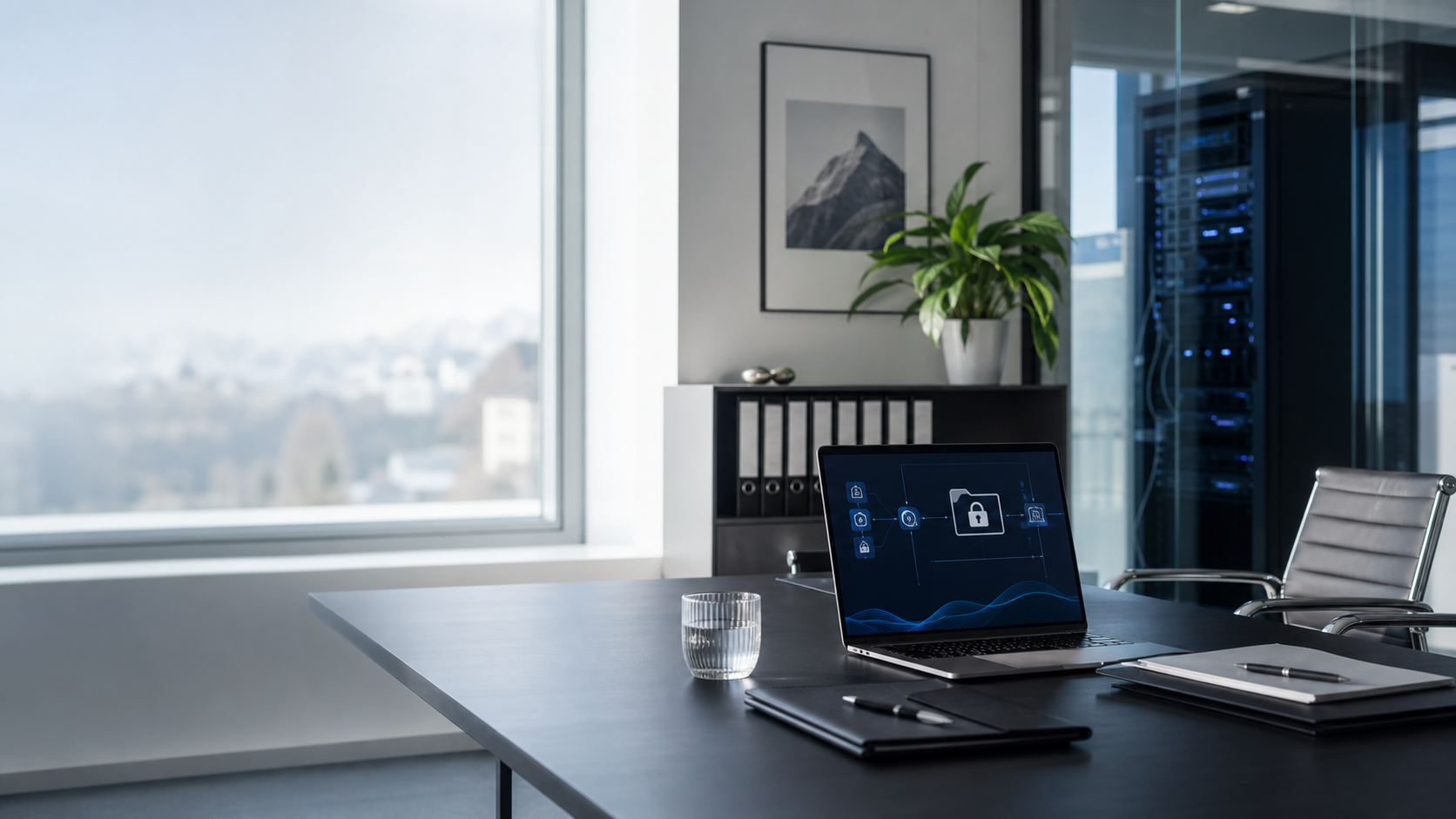 Laptop mit Sicherheits-Dashboard auf einem Besprechungstisch vor einem Serverrack
