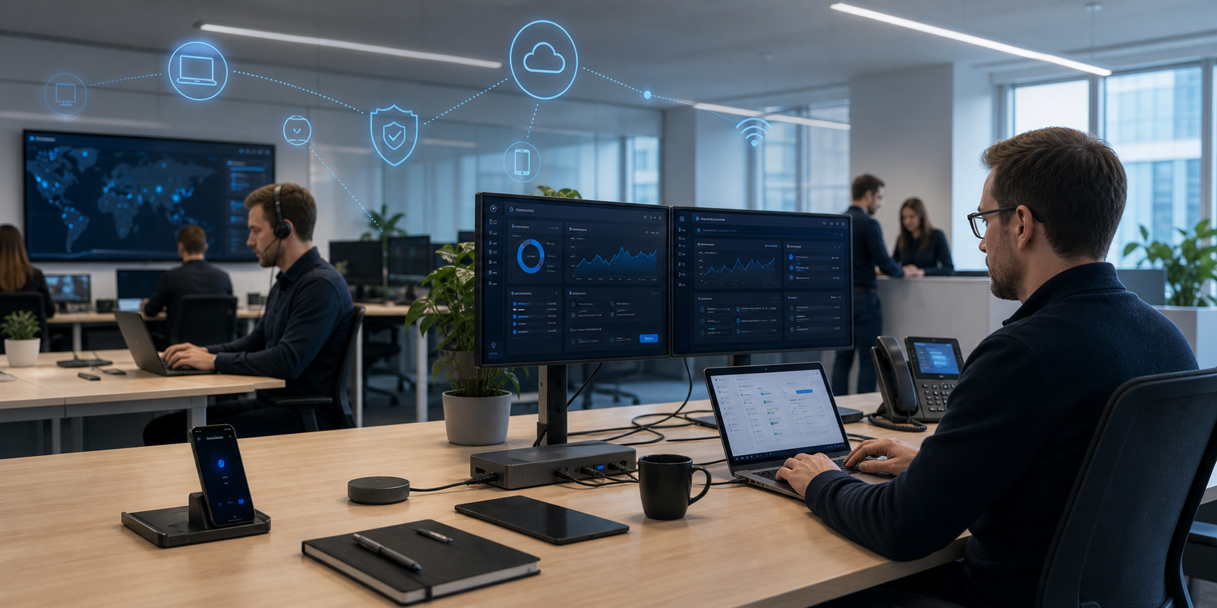IT-Arbeitsplatz mit Monitoring-Dashboards in einem modernen Schweizer KMU-Büro